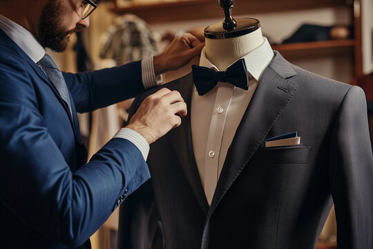 Tailor fitting a custom suit on a mannequin in a classic, elegant studio. Generative AI