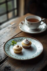 Delicate cupcakes on elegant plate beside warm cup of tea, invit