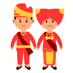 Traditional Malay Couple in Cultural Attire Holding Hands.