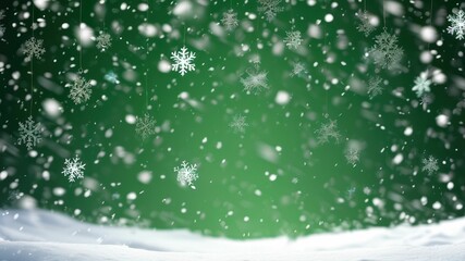 Snowflakes fall gently against a green backdrop, creating a festive and enchanting winter atmosphere for seasonal celebrations
