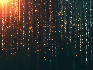 Abstract digital data streams with binary code and light streaks on a dark background.
