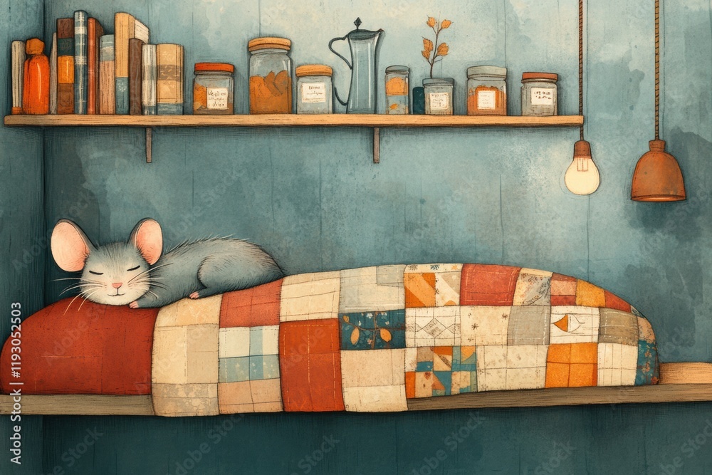 Poster cozy mouse enjoying a peaceful slumber on a colorful quilt in a quaint room filled with jars and boo