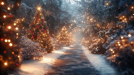 Naklejka premium Snowy path, Christmas trees, lights, winter wonderland, holiday card