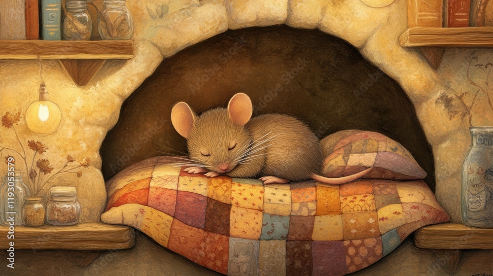 Aufkleber cozy mouse sleeping on a patchwork pillow inside a warm, rustic nook with soft lighting and books. g