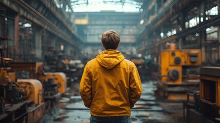 Man in yellow jacket standing in large industrial factory.
