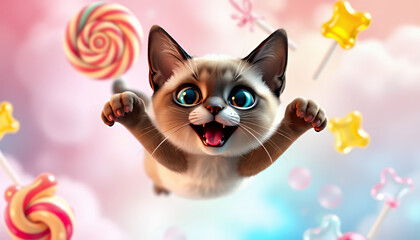 Fototapeta premium Adorable 3D Cartoon Kitten Joyfully Flying Through Sweet Gummy C