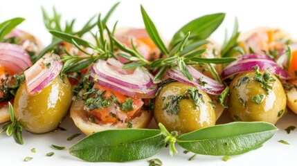 Fresh Appetizers with Olives, Herbs, and Vegetables on Plate