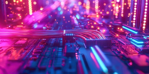 Computer chip is shown in a neon blue and pink color