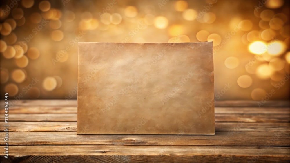 Poster rustic wooden table with aged paper mockup against a warm bokeh background