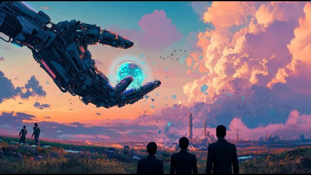 Massive robotic hand holds glowing orb under colorful sunset in a futuristic landscape with people observing