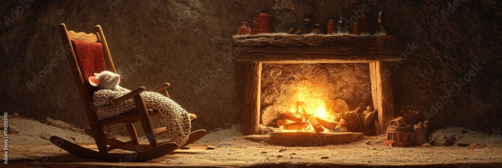 Poster cozy mouse relaxing by the warm fireplace in a rustic cabin during a winter evening. generative ai