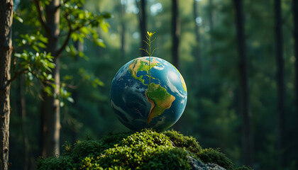 Earth Day - Growing Plant On Globe In The Green Forest - Environment Concept, Dynamic motion, with white tones