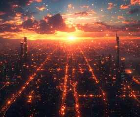 Stunning Aerial View of a Vibrant Cityscape at Dusk, Filled with Twinkling City Lights and a Breathtaking Sunset Sky that Inspires Wonder and Awe