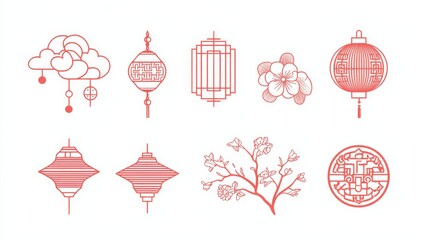 Chinese New Year icons, symbols and decorations. Abstract linear design, illustrations. Line art lanterns, flowers, clouds and frames. Collection of modern minimalist vector illustrations