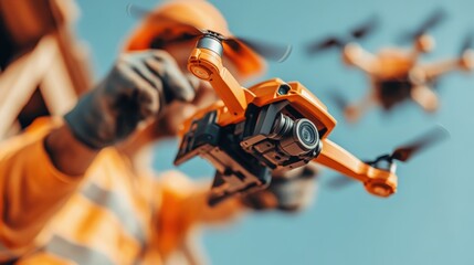 Drone operator prepares for flight during outdoor project in bright sunlight
