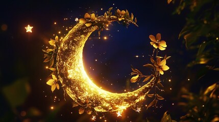 A glowing crescent moon with intricate floral patt