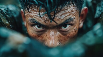 Intense survival training exercise with focused soldier during muddy conditions