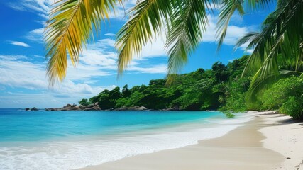 Obraz premium Tropical beach scene with palm trees and clear blue water, ideal for vacation and relaxation