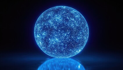 Obraz premium Stunning Blue Spherical Network Visualization with Bright Points of Light Representing Global Connectivity and Digital Innovations in a Dark Background