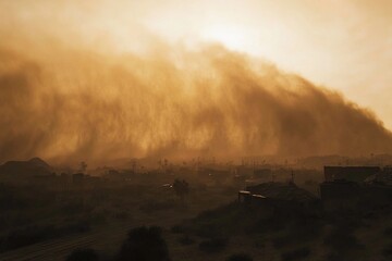 Naklejka premium Dust storm envelops small town at sunset creating a dramatic and eerie atmosphere