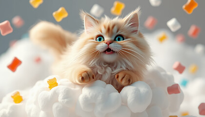Adorable Fluffy Kitten Joyfully Playing Amidst Sweet Candy and C