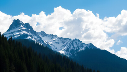 A rugged mountain with snow-capped peaks by dense pine forests