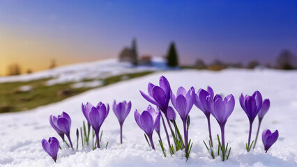 spring crocus flowers in the snow