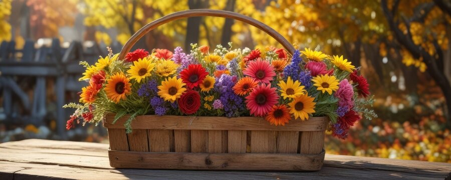 A bunch of colorful flowers arranged in a wooden basket under autumn sun, colorful blooms, autumn flowers, rustic decor