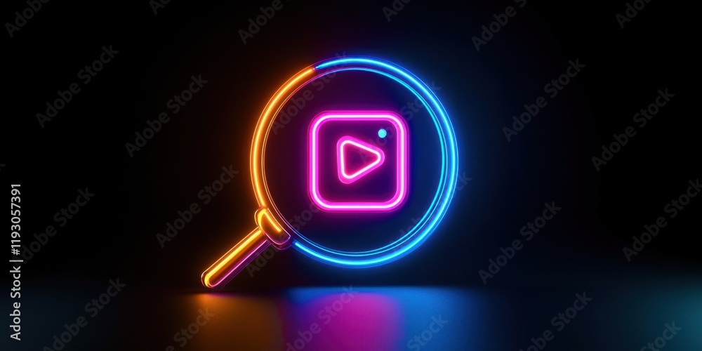 Poster neon sign with a magnifying glass and a video player