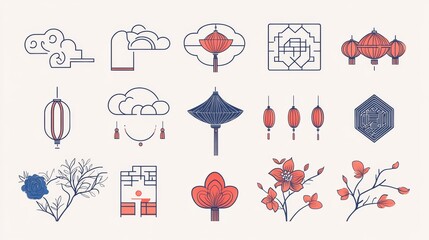 Chinese New Year icons, symbols and decorations. Abstract linear design, illustrations. Line art lanterns, flowers, clouds and frames. Collection of modern minimalist vector illustrations