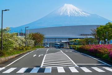 Road and industrail factory area  in FujiNomiya city with Fuji mountain and blue sky background...