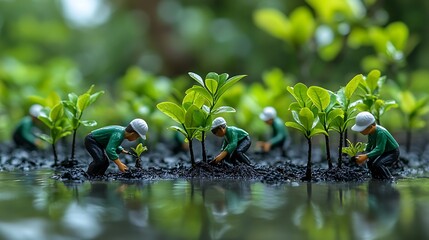 Miniature people planting saplings in dark soil near water, representing environmental conservation and reforestation efforts.