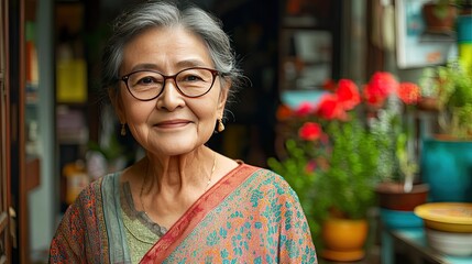 Elegant elderly woman in traditional attire with vibrant flowers