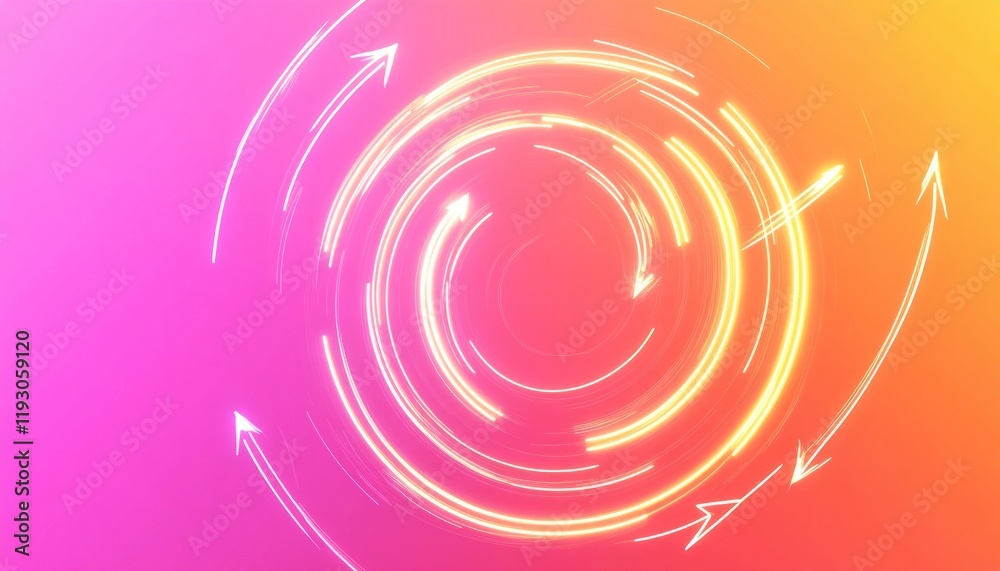 Wall mural glowing neon arrows rotating and forming a circle on gradient background