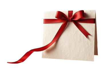 blank cardboard card with red ribbon isolated on transparent background, empty card png file with copy space for text