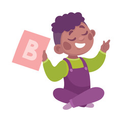 Speech with Little Boy Sit on Floor with Flashcard Vector Illustration