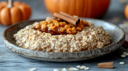 Warm Pumpkin Oatmeal with Cinnamon and Maple Syrup for a Cozy Autumn Breakfast