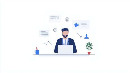 A man working on a laptop with charts and a plant on the desk, symbolizing productivity.