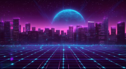Fototapeta premium Stunning Neon Futuristic Cityscape at Night with Vibrant Colors, Glowing Grid, and Atmospheric Elements like Stars and Planets in an Eye-Catching Design