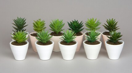 Fototapeta premium Succulents in pots, studio shot, grey background, home decor