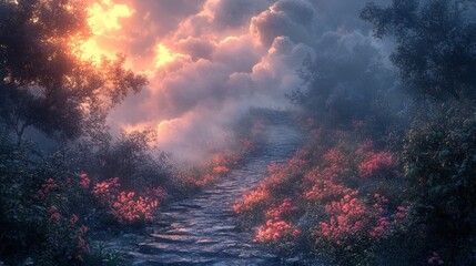 Naklejka premium Misty stone path through blooming flowers leading uphill towards a dramatic sunset sky.