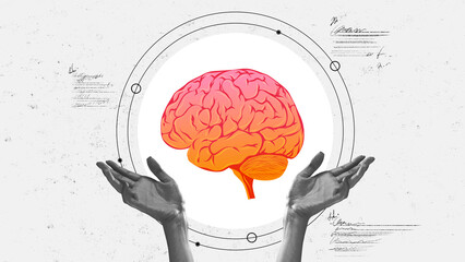 Conceptual image of hands presenting vibrant orange and pink brain, symbolizing mental health and neurological research. Conceptual design. Concept of medicine, health care, treatment