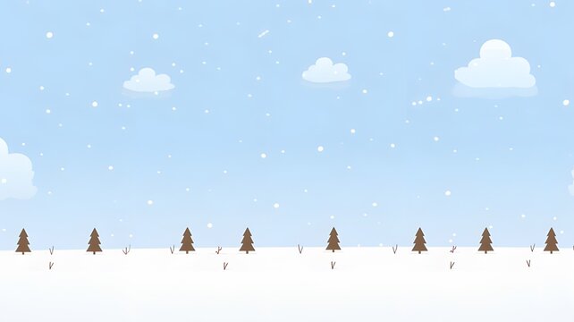 Minimalist foggy pine forest vector background with white color palette, low contrast, simple shapes, empty space for text or images, small black spruce tree silhouette, snowflakes falling, high resol