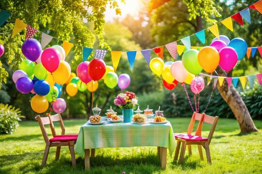 A child's birthday party in a colorful outdoor setting with balloons and streamers, tablecloth, balloons, pi?ata