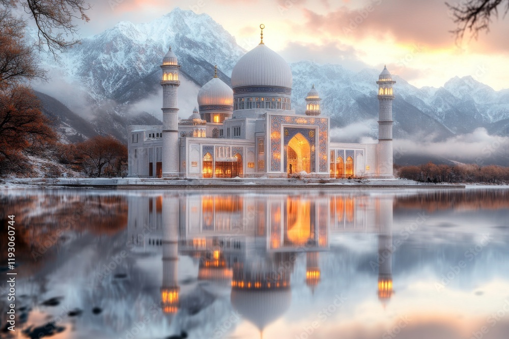 Poster a magical depiction of uzbekistan architecture glowing under an ethereal aurora, with the domes and 
