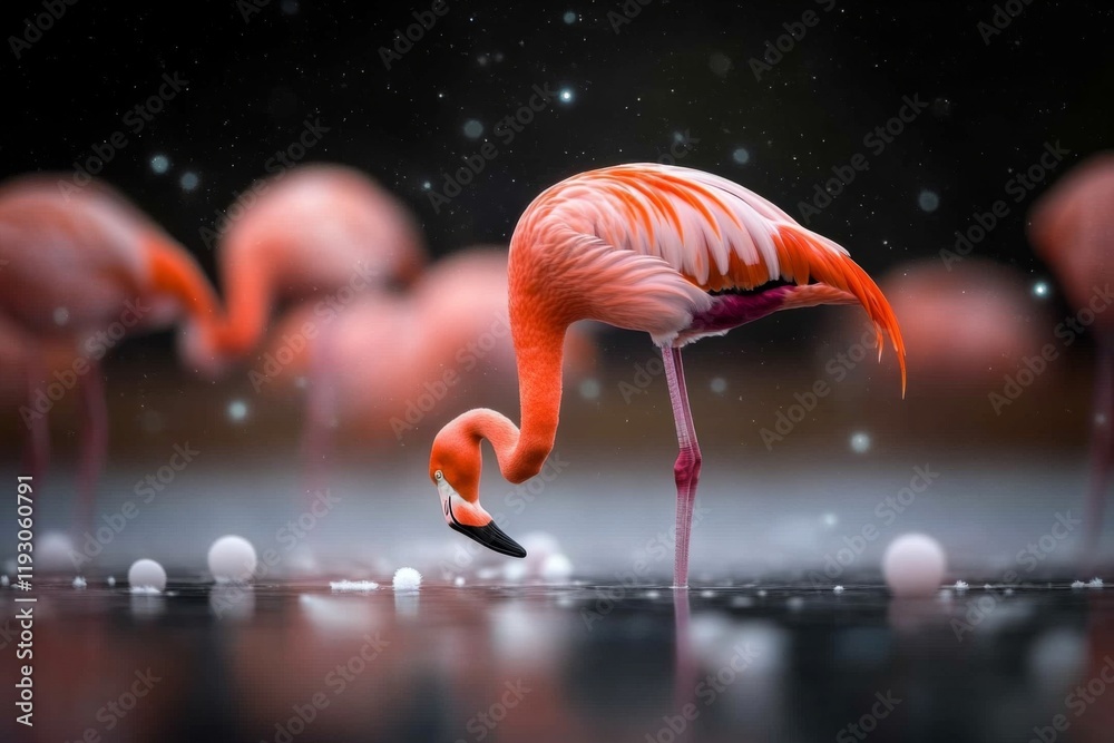 Poster a magical depiction of glowing flamingos on the uyuni flats, surrounded by floating orbs of light an
