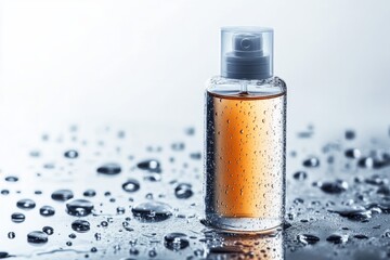 A skincare bottle with water droplets on a white background