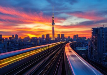 Fototapeta premium Stunning Sunset Over Tokyo with Skytree Tower Silhouetted Against a Colorful Sky and Express Train Blurring by on Elevated Tracks