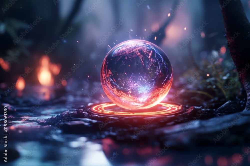 Poster A magical glowing orb floating in isolation under UV light, with intricate runes and ethereal neon patterns swirling around it in a dark mystical setting