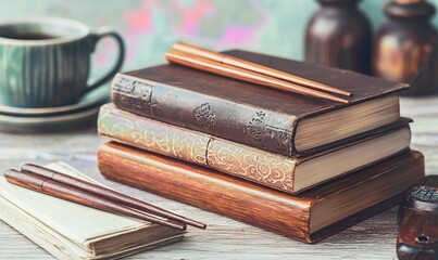 Naklejka premium Antique books, chopsticks, teacup, notepad on table. Vintage study scene.